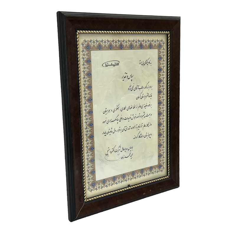 لوح تقدیر از شرکت الکترواستیل – نماینده برتر استان کرمان